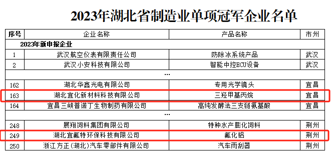 宜化新材料、宜氟特環(huán)保公司獲評2023年湖北省制造業(yè)單項冠軍企業(yè)